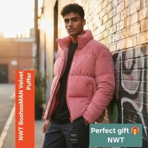 🎁 NWT Puffer Jacket BoohooMAN Orange Velvet 2 Tone Check Funnel Neck - Size M.